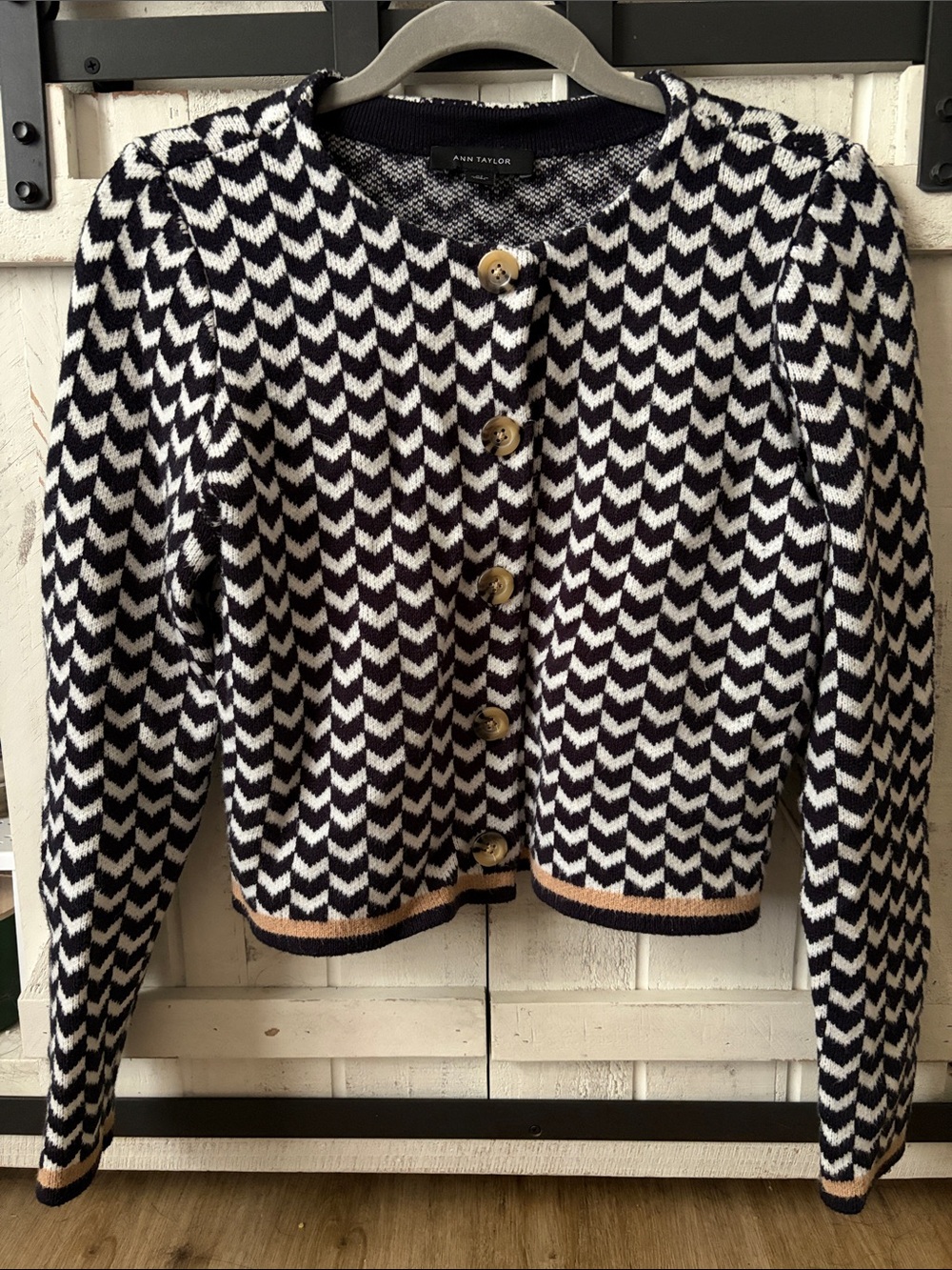 Ann Taylor Indigo and White Chevron Cardigan with Tan Trim